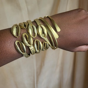 African Brass Cowrie Shell Bangle, Statement Jewelry