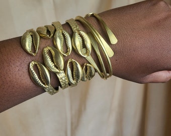 African Brass Cowrie Shell Bangle, Statement Jewelry