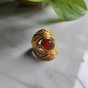Aztec Stamp Red Jasper SS 5 Row Ring