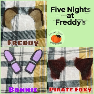 May include: Four different sets of character ears for a headband. The ears are made of faux fur and are in the colors brown, purple, and dark brown. The headband is silver. The text "Five Nights at Freddy's" is in the top right corner of the image. The text "Pumpkin Patch Workshop" is in the center of the image.