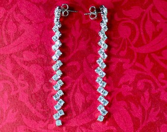 Rhinestone Dangle Earrings, Vintage Clear Swarovski Crystals, Zig-Zag Design, Sterling-Silver Plated Chain, Wedding, Bridal, Gift For Her