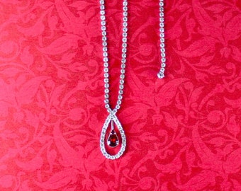 Rhinestone Necklace, Vintage Swarovski Clear Stones w/ Red Teardrop Pendant, Prong Set in Sterling-Silver Plated Chain, Gift For Her, USA