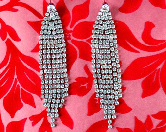 Vintage Rhinestone Long Dangle Earrings, Clear Swarovski, 7  Articulated Strands, Sterling Silver-Plated Chain, Wedding, Flashy Elegance