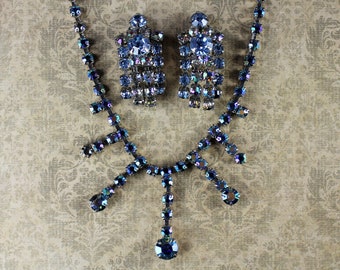 Vintage Rhinestone Necklace /Earring Set, Blue Aurora Borealis, Mid-Century, Retro, Adjustable Choker & Fringe Drop Clip Earrings, Wedding