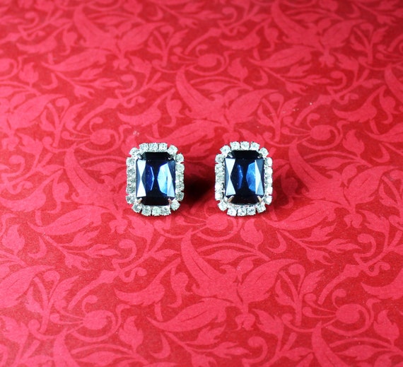 Vintage Rhinestone Stud Earring, Navy Blue Swarovski Crystal Encircled with 20 Clear Swarovski Crystals, Emerald Cut, Sterling Plated Back