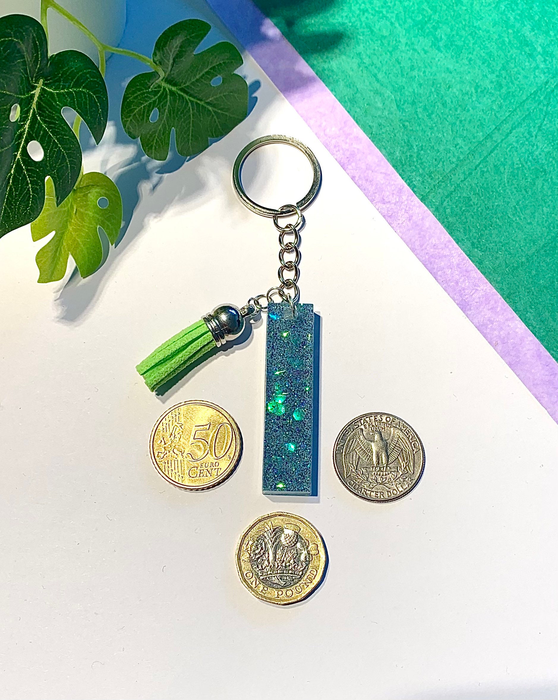 Resin keychain with green tassel Etsy