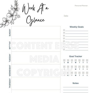 Week At a Glance Printable Planner, Weekly Goal Planner, Weekly Printable Organizer,