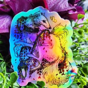 Barsoi Holographischer Aufkleber / niedlicher Holo Barsoi russischer Windhund & Laterne Vinyl Aufkleber / Hund und Blumenmuster
