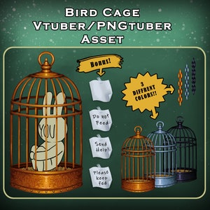 以下が含まれることがあります： 金色の鳥かごの中に白いウサギが入っています。かごには「餌を与えないでください」と書かれた看板があります。他に、金色、銀色、黒色の3つの鳥かごがあります。画像には、3色のチェーンというボーナスアイテムも含まれています。