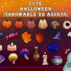 May include: A set of 20 cute Halloween themed digital assets for streaming. The assets include pumpkins, candy, leaves, a witch's hat, a bone, candles, a mushroom, a potion bottle, a rose, a cauldron, and a book with a pentagram.