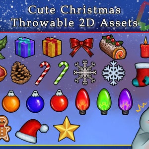 May include: A collection of 20 cute Christmas-themed 2D assets, including a candy cane, a gingerbread man, a stocking, a present, a star, a snowflake, a pie, a pine cone, a Christmas tree, a bow, a candle, a lollipop, a Christmas ornament, a Christmas light, and a yule log.