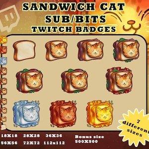 Cute Sandwich Cat Stream Badges pack / bit badges / Kawaii Kitten Food / Funny Asset / Twitch Sub / Emotes / Cute Animal Theme