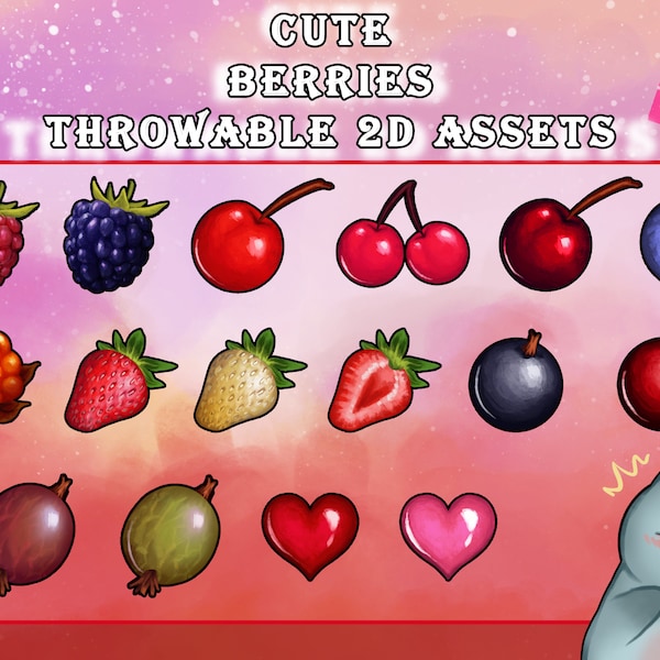 Cute Throwable 2D Assets Pack / Berries Stream Bundle / Twitch / Heart / Berry / Cherry / Blueberry / Cloudberry / Raspberry / Strawberry