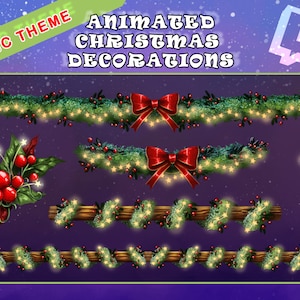 May include: Animated Christmas decorations in a classic theme. The decorations include a garland with red berries and a red bow, a wooden garland with lights, and a string of twinkling stars.