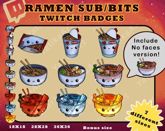 Może przedstawiać: Cyfrowa ilustracja odznak Twitch o tematyce ramen. Obraz przedstawia różne miski ramen i kubki z instant ramen z uśmiechniętymi twarzami. Tekst brzmi "RAMEN SUB/BITS TWITCH BADGES" i wymienia różne rozmiary w pikselach.