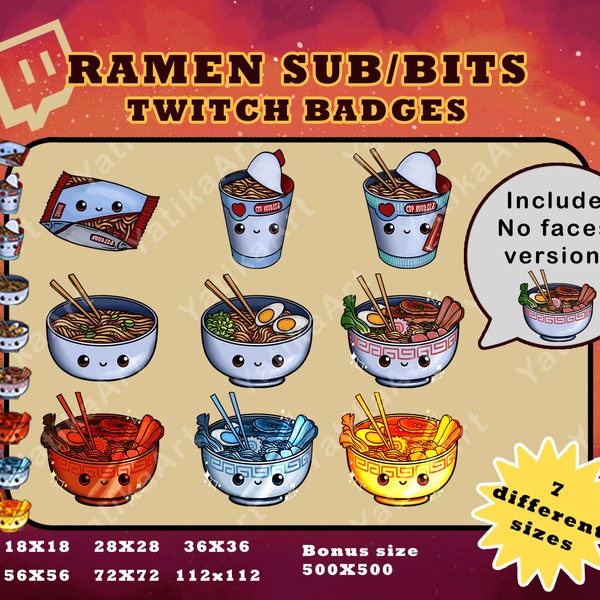 Cute Ramen Stream Badges pack / bit badges / Kawaii Noodle Bowls / Japanese - Asian Food / Twitch Sub / Emotes / Cute Theme