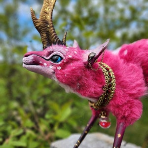 Cute Fantasy Pink Creature / Handmade poseable Doll / Deer Unicorn Chimera Animal / Room Guardian / Faux Fur / Unique Art doll