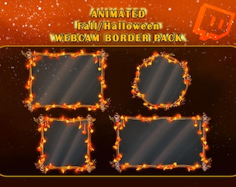 Puede incluir: Paquete de bordes animados para webcam con temática de otoño/Halloween. Los bordes presentan luces brillantes y hojas de otoño en tonos naranja, amarillo y marrón.