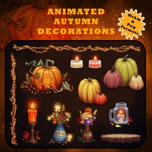 May include: Animated autumn decorations, including pumpkins, candles, and floral arrangements. The image shows pumpkins of different sizes and colours, lit candles, and decorative elements. The text "Animated Autumn Decorations" is displayed at the top.