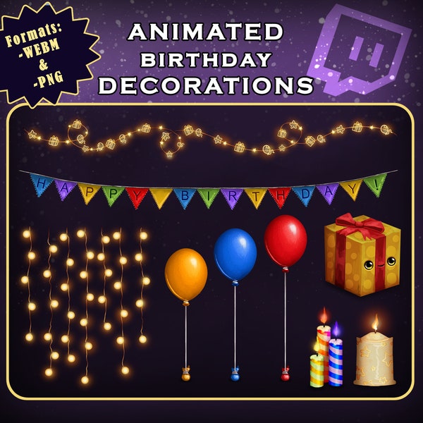 Animated Cute Birthday Decorations /Stream Ornamentation pack / Twitch Assets / Cute warm Festive Ambient lights / Magic Vibes / Unique