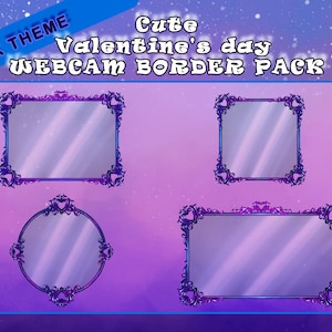 Puede incluir: Cuatro bordes de cámara web diferentes con un diseño de corazón morado y azul. Los bordes tienen forma de cuadrado, círculo y rectángulo. El texto "Cute Valentine's Day Webcam Border Pack" está en la parte superior de la imagen. El texto "DARK THEME" está en la esquina superior izquierda de la imagen.
