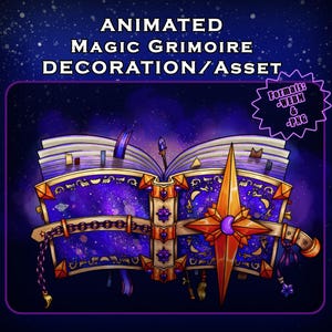 May include: An animated magic grimoire decoration/asset. The open book features a starry night sky design with gold accents and a large orange starburst. The text "ANIMATED MAGIC GRIMOIRE DECORATION/ASSET" is at the top.