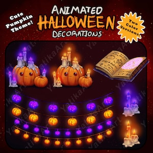 May include: Animated Halloween decorations featuring a string of lights with orange and purple pumpkins, a book with a spell, and two sets of pumpkins with candles. The text "Animated Halloween Decorations" and "Two Color Versions!" is included in the image.