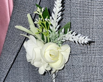 Wedding Ivory Boutonniere Wrist Corsage Set Blooming Cream Silk Rose Faux Flowers Greenery Eucalyptus Fern Men Boutineer Wristlet Buttonhole