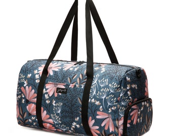 May include: A blue and pink floral print duffel bag with black straps and a zip closure. The bag has a small zipped pocket on the side.