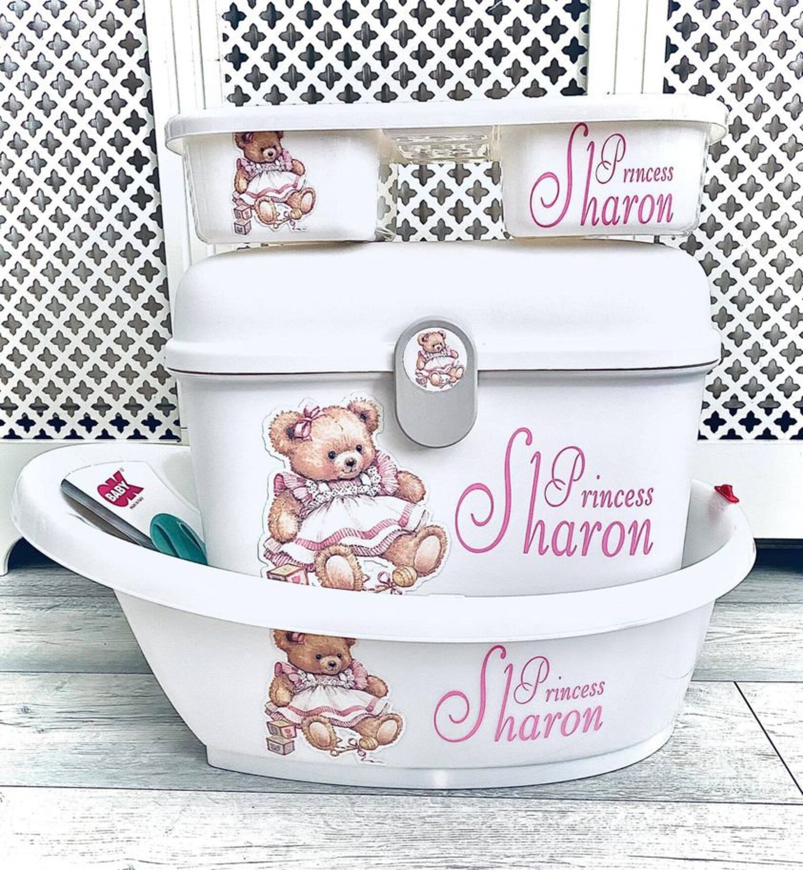 Baby bath box and top and tail tray all personalised blue or Etsy