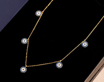 Adjustable Rose Gold 925 Silver Multiple Evil Eye Beaded Zircon Stone Silver Necklace Gold Chain