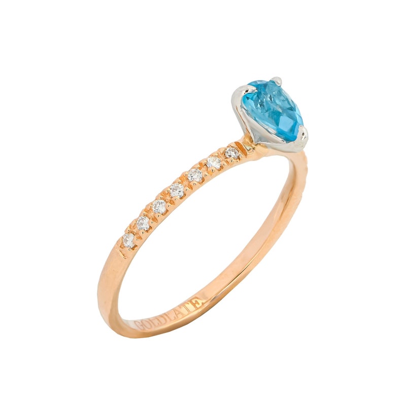 14k Solid Rose Gold Topaz Band Ring, Blue Dainty Topaz Rose Gold Ring, Drop or Pear Cut Topaz Rose Gold Ring, Topaz Wedding Ring