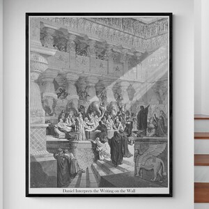 Daniel interpreta la escritura en la pared Gustave Doré Antiguo cristianismo grabado libro de Daniel Biblia ilustración cartel impresión