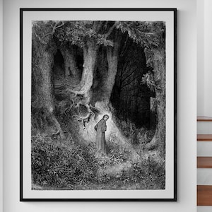 Dante auf Spaziergang im dunklen Wald Gustave Dore Göttliche Komödie Dante Inferno Hölle Illustration Gothic Dekor Kunst Poster Druck