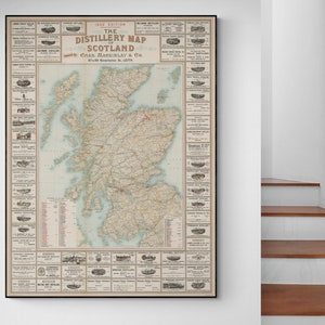 1902 Scotch Whiskey Distillery Map of Scotland Scottish History Antique Cartography Bar Decor Art Poster Print