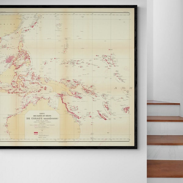 1912 Sea Chart Map of the Coral Reefs in the Western Pacific Ocean Antique Sea Life Marine Biology Classroom Decor Art Print Poster