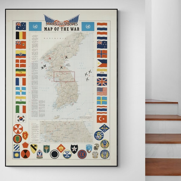 Pictorial Map of the Korean War Cold War World History Antique Vintage Military Geography Cartography Art Print Poster