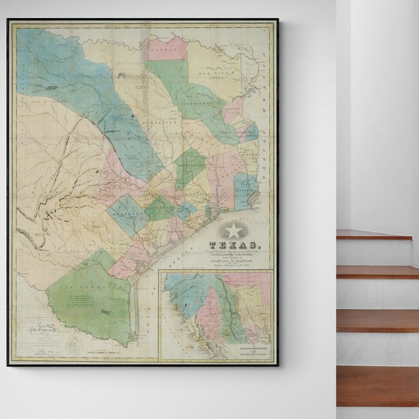 1839 Karte der Republik Texas Vereinigte Staaten Antike US Amerikanische Kartographie Texan Historische Dekoration Kunst Poster Druck