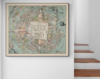 1524 Spanish Conquistador Hernán Cortés Map of Tenochtitlan Mexico City Aztec Indigenous Mexican History Antique Art Poster Print