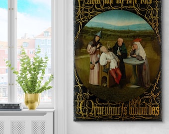 Die Heilung der Torheit von Hieronymus Bosch – Frühes niederländisches Renaissance-Gemälde aus dem 16.Jh. Es zeigt Satire, Wahnsinn & menschliche Torheit