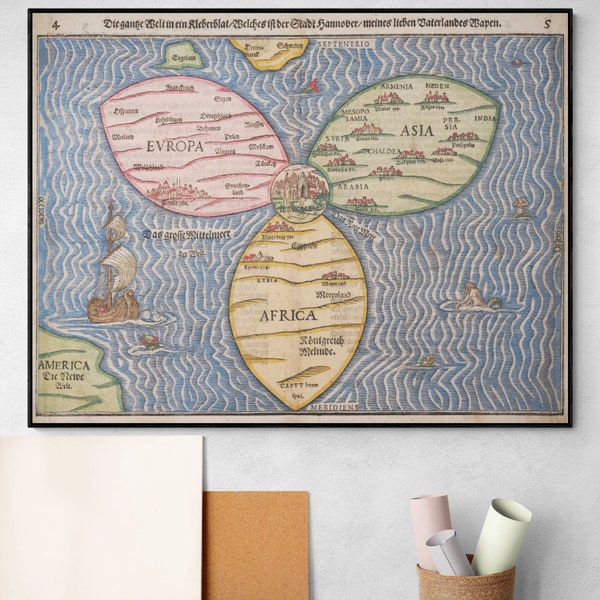 1581 Bünting Hoja de trébol Tierra plana bíblica Extraño Mapa del mundo Historia Antigua Cartografía antigua Póster impreso
