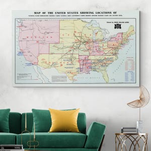 Carte de 1917 des bases et installations militaires de l'armée et de la garde nationale aux États-Unis Décoration histoire de la Première Guerre mondiale Impression artistique