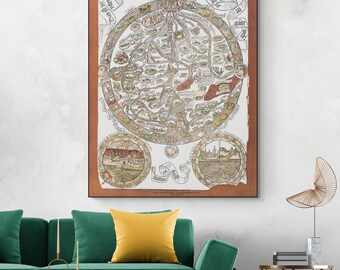 14th Century Mappa Mundi – Medieval Flat Earth World Map Depicting Known World, Religious Cosmology & Historical Cartography