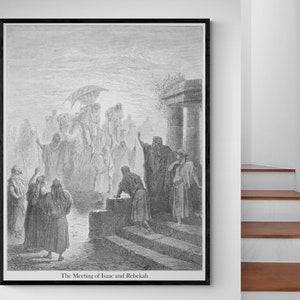 The Meeting of Isaac and Rebekah Gustave Dore Antique Christianity Engraving Book of Genesis Bible Illustration Fine Art Poster Print