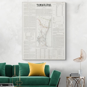 May include: A vintage map of Tamaulipas, Mexico, printed in black and white with red and blue accents. The map shows the state's coastline, rivers, and major cities. The title "Tamaulipas" is printed in bold at the top of the map.
