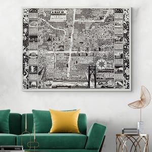 May include: A black and white map of Poughkeepsie, New York, from 1931. The map shows the city's streets, buildings, and landmarks. The map is surrounded by a decorative border.