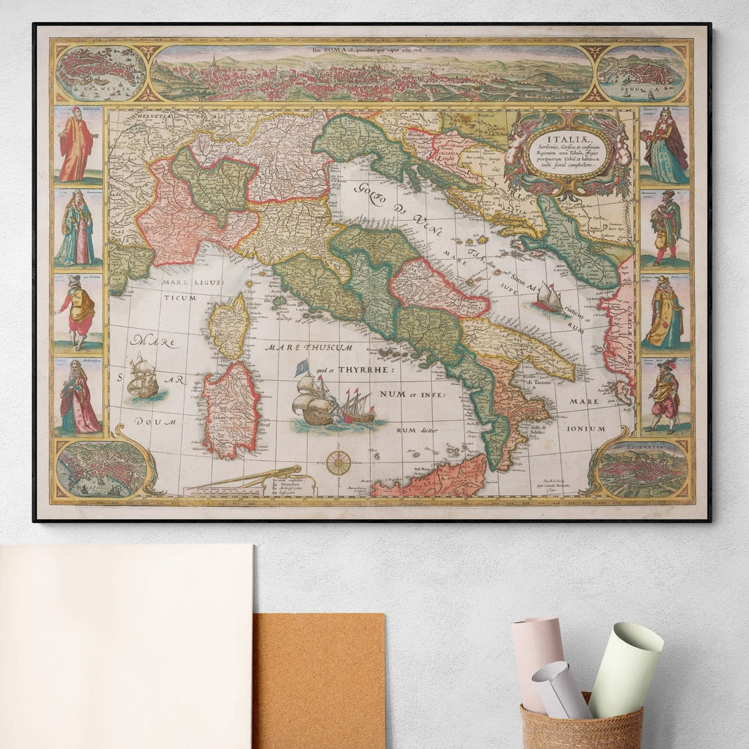 1640 Decorative Map of Italy Historical European Decor Antique Italian Cartography Art Print