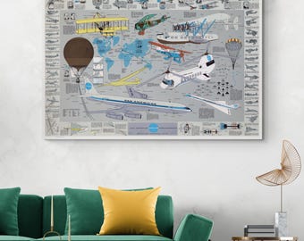 1937年航空地図。アメリカ航空路線図。歴史的版画、リトグラフ額装。88