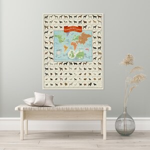 Picturale hondenraskaart van de wereld Educatief dier Dierenarts Kantoor Cartografie Decor Fine Art Print