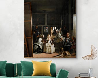May include: A framed print of a classic painting, featuring a group of figures in a dimly lit room. The artwork depicts a young girl surrounded by adults and a dog. The painting has a vintage aesthetic and is displayed on a white wall.